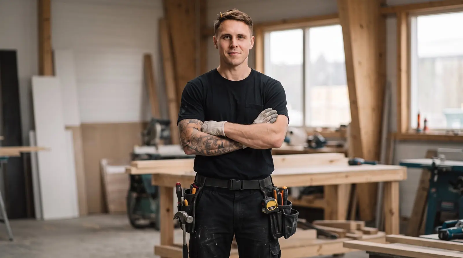 Alex the handyman standing in his workshop with a tool belt