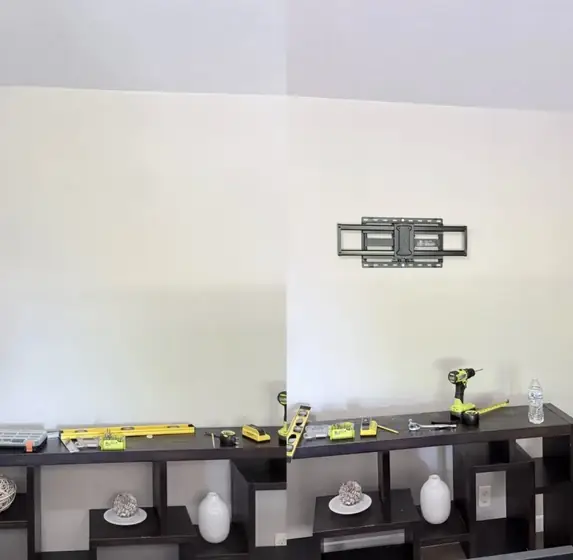 TV wall mount bracket installed on a wall, before and after